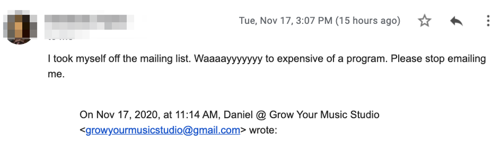 Kimberly writes:  I took myself off the mailing list. Waaaayyyyyy to expensive of a program. Please stop emailing me.
