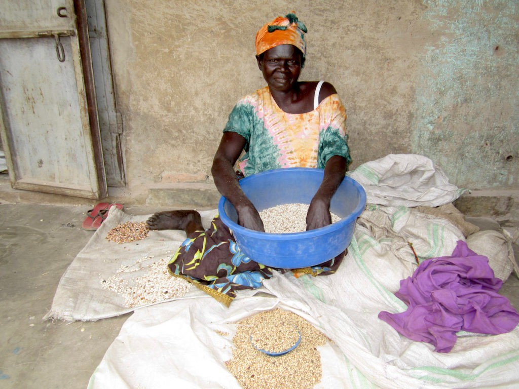 A South Sudanese woman sits among several seed varieties