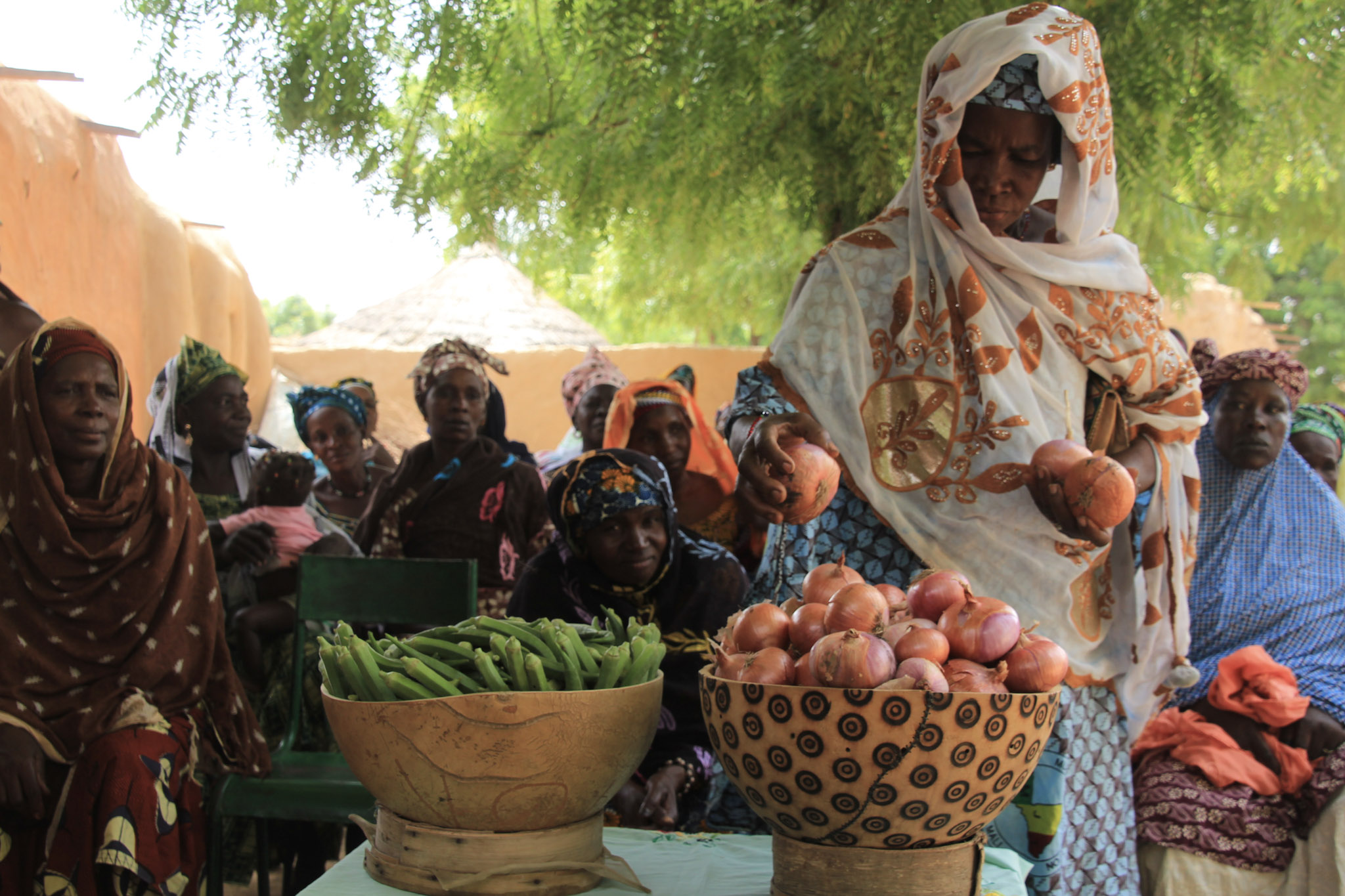 A female smallholder farmer from Mali picks onions from a bowl in front of a group of farmers