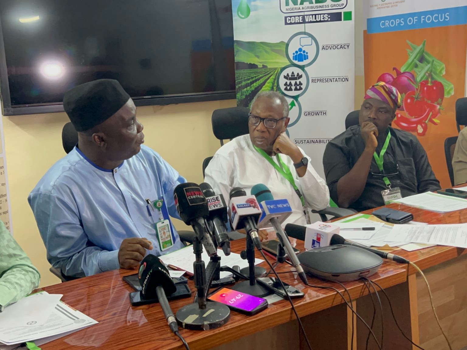 Leaders sit at the head table at the tomato pest workshop