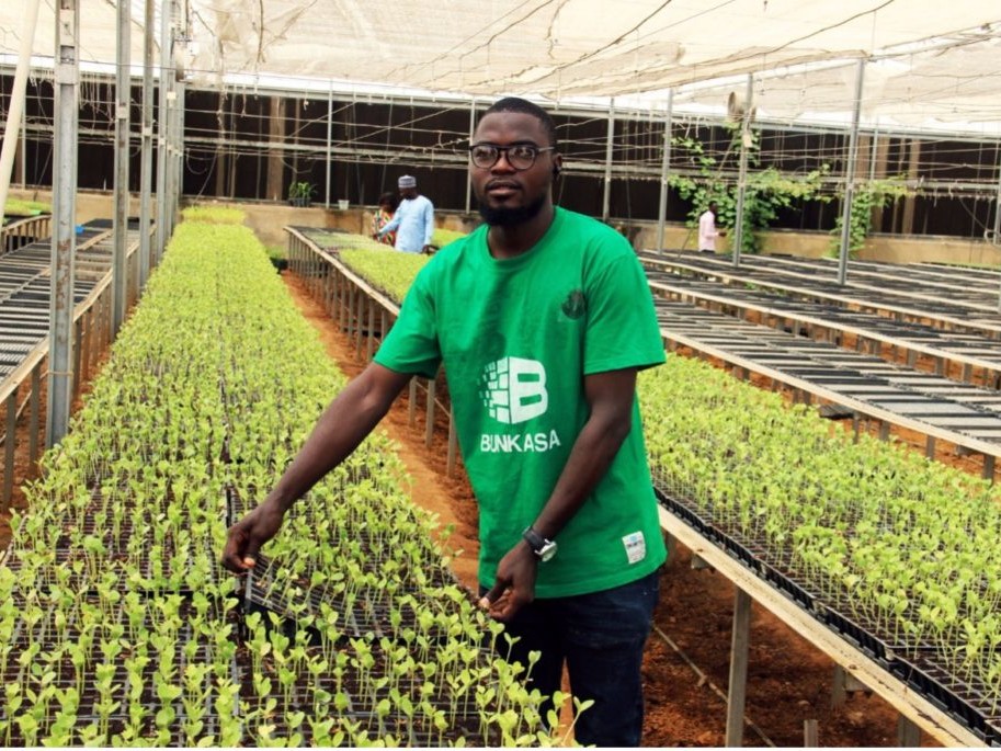 Bubayaro picks up a tray of seedlings