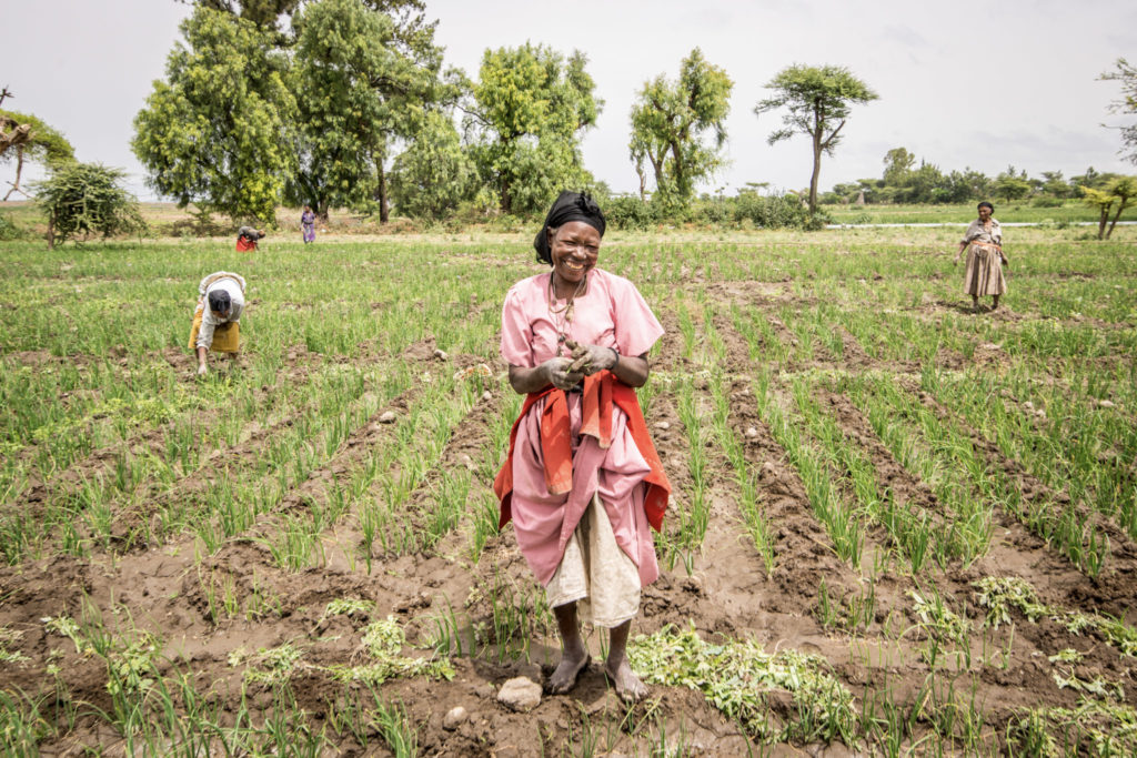 A female smallholder farmer from Mali picks onions from a bowl in front of a group of farmers