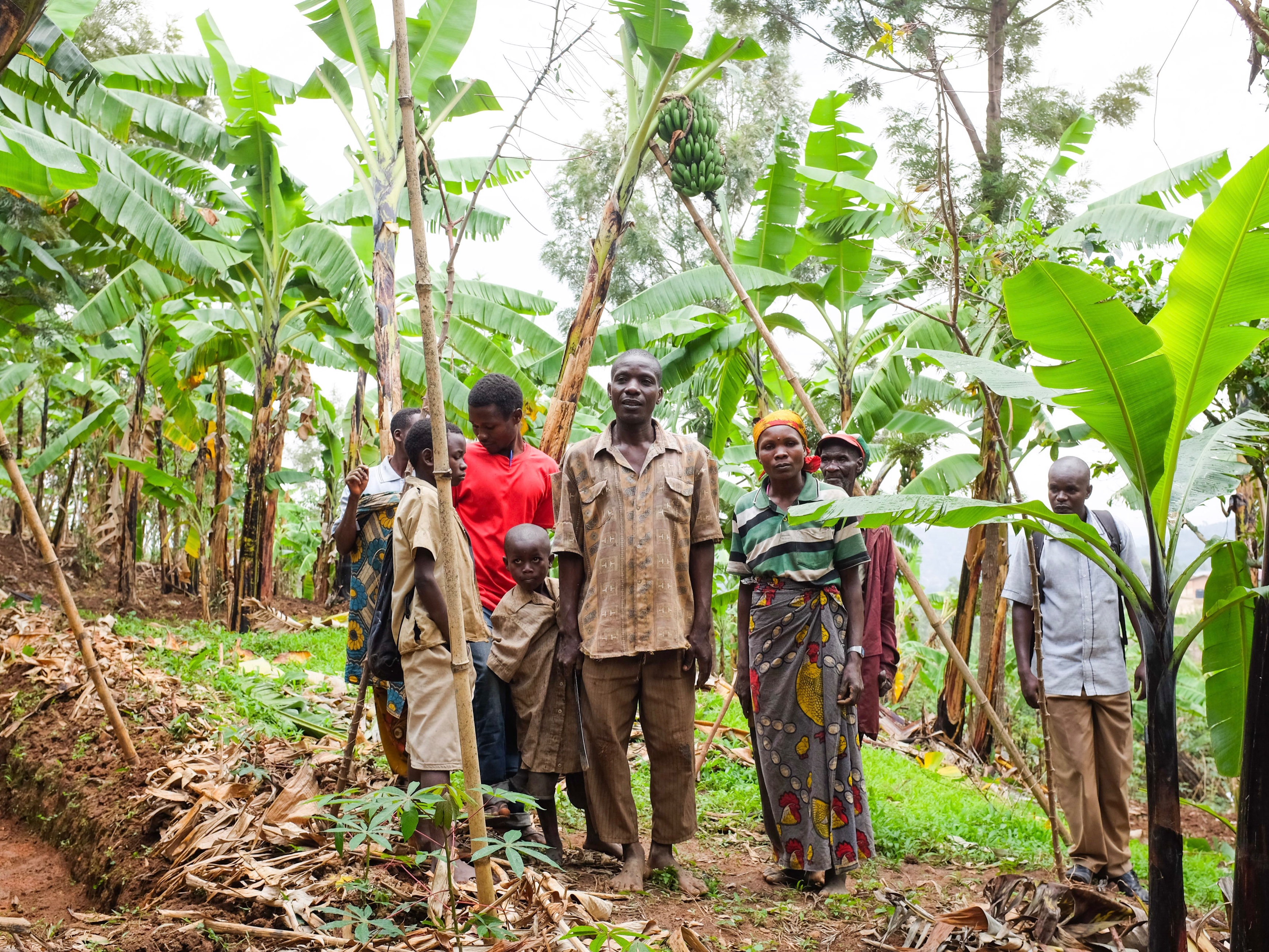 A Burundian farming family stands amongst their land during a project training session.